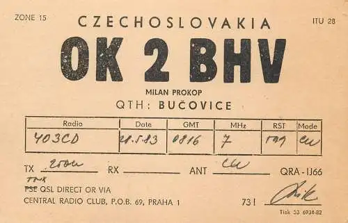 QSL Card Czechoslovakia Radio Amateur Station OK2BHV Y03CD 1983 Milan