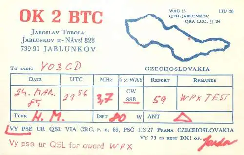 QSL Card Czechoslovakia Radio Amateur Station OK2BTC Y03CD 1984 Jaroslav