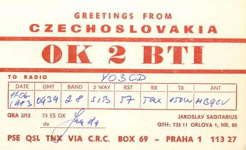 QSL Card Czechoslovakia Radio Amateur Station OK2BTI Y03CD 1984 Jaroslav