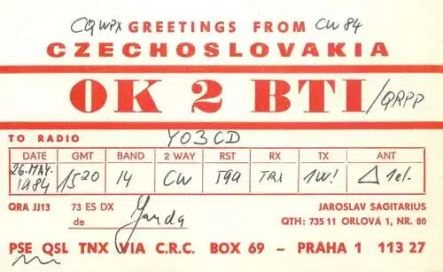 QSL Card Czechoslovakia Radio Amateur Station OK2BTI Y03CD 1984 Jaroslav