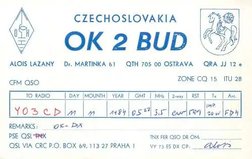 QSL Card Czechoslovakia Radio Amateur Station OK2BUD Y03CD 1983 Alois Lazany