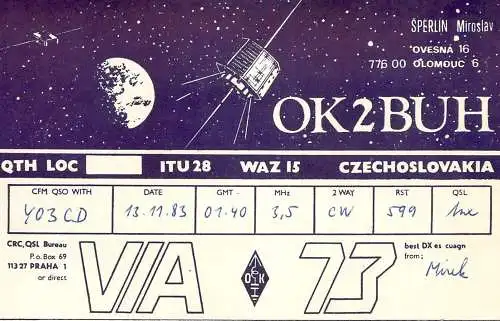 QSL Card Czechoslovakia Radio Amateur Station OK2BUHJ Y03CD 1983 Miroslav