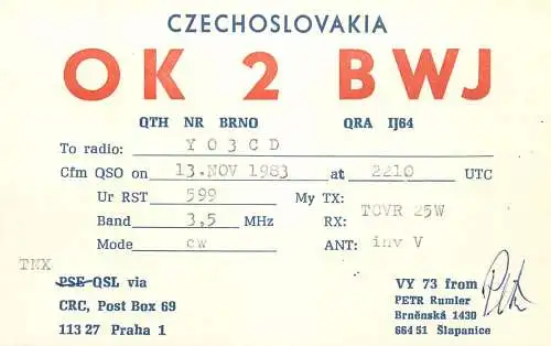 QSL Card Czechoslovakia Radio Amateur Station OK2BWJ Y03CD 1983 Petr