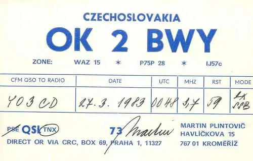QSL Card Czechoslovakia Radio Amateur Station OK2BWY Y03CD 1983 Martin Plintovic