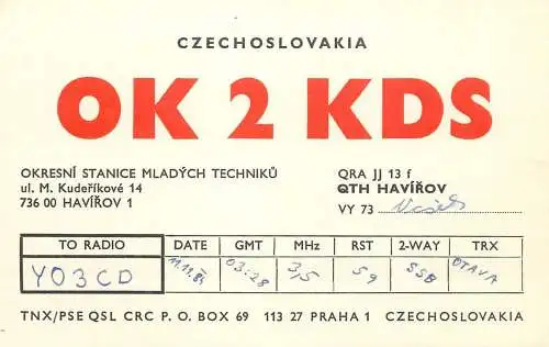 QSL Card Czechoslovakia Radio Amateur Station OK2KDS Y03CD 1984 Nasik
