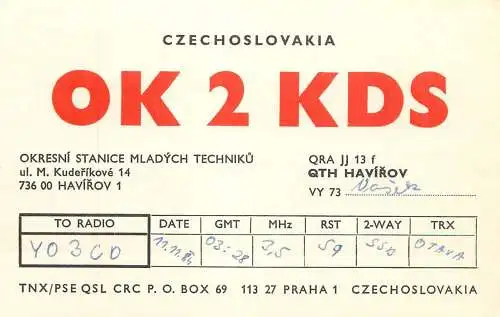 QSL Card Czechoslovakia Radio Amateur Station OK2KDS Y03CD 1984 Nasik