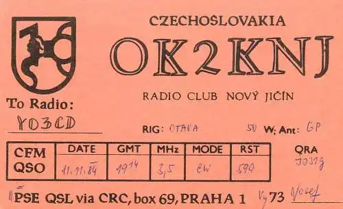 QSL Card Czechoslovakia Radio Amateur Station OK2KNJ Y03CD 1984 Yosef