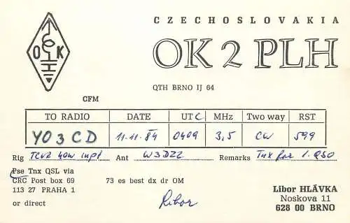 QSL Card Czechoslovakia Radio Amateur Station OK2PLH Y03CD 1984 Libor