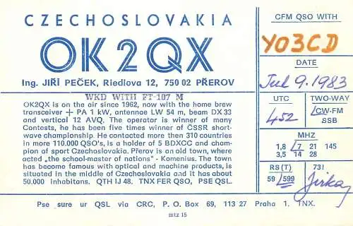 QSL Card Czechoslovakia Radio Amateur Station OK2QX Y03CD 1983 Jurka
