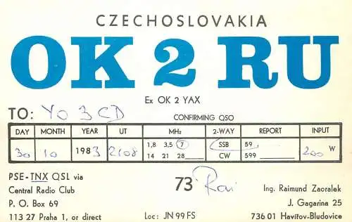 QSL Card Czechoslovakia Radio Amateur Station OK2RU Y03CD 1983 Raimund
