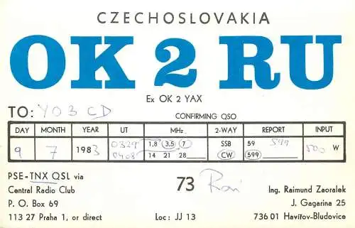 QSL Card Czechoslovakia Radio Amateur Station OK2RU Y03CD 1983 Raimund