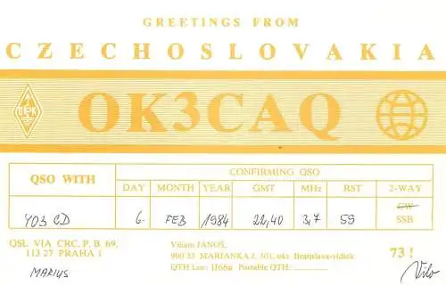QSL Card Czechoslovakia Radio Amateur Station OK3CAQ Y03CD 1984 Marius