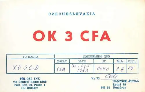 QSL Card Czechoslovakia Radio Amateur Station OK3CFA Y03CD 1983 Attila