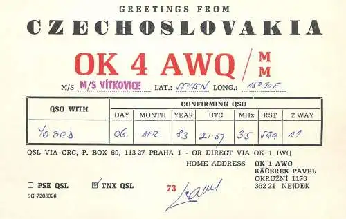 QSL Card Czechoslovakia Radio Amateur Station OK4AWQ 1983 Pavel