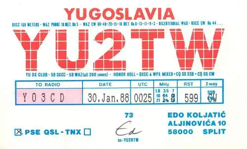 QSL Card Yugoslavia Amateur Radio Station YU2TW Y03CD 1988 Edo Koljatic