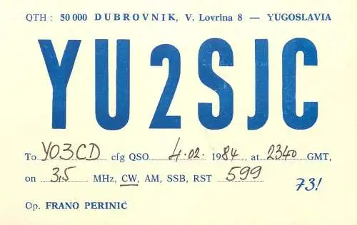 QSL Card Yugoslavia Amateur Radio Station YU2SJC Y03CD 1984 Frano Perinic