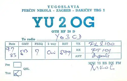 QSL Card Yugoslavia Amateur Radio Station YU2OG Y03CD 1983