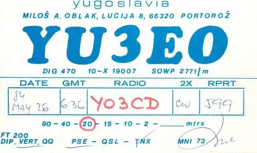 QSL Card Yugoslavia Amateur Radio Station YU3EO Y03CD 1984
