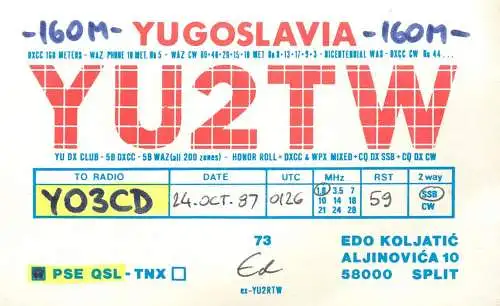 QSL Card Yugoslavia Amateur Radio Station YU2TW Y03CD 1987 Edo Koljatic