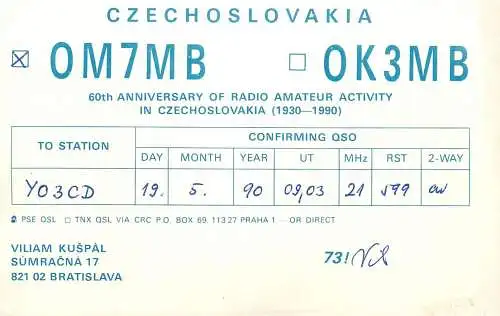 QSL Card Yugoslavia Amateur Radio Station OM7MB OK3MB Y03CD Viliam Kuspal