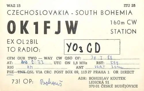 QSL Card Yugoslavia Amateur Radio Station OK1FJW Y03CDBahous