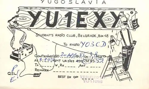 QSL Card Yugoslavia Amateur Radio Station YU1EXY Y03CD 1985