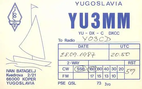 QSL Card Yugoslavia Amateur Radio Station YU3MM Y03CD 1987 Ivan