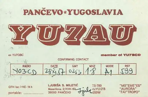 QSL Card Yugoslavia Amateur Radio Station YU7AU Y03CD 1987 Jyule