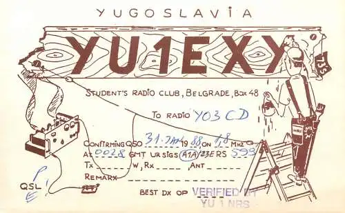 QSL Card Yugoslavia Amateur Radio Station YU1EXY Y03CD 1988