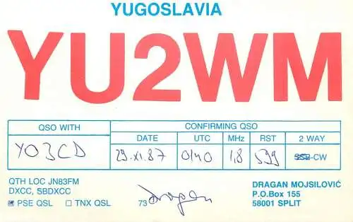 QSL Card Yugoslavia Amateur Radio Station YU2WM Y03CD Dragan 1987
