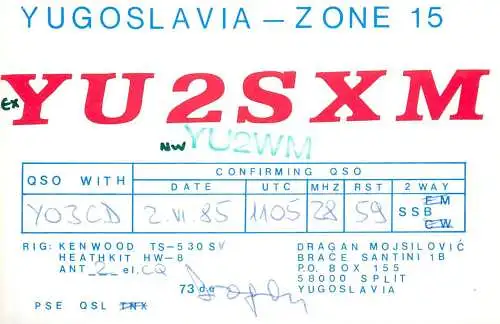 QSL Card Yugoslavia Amateur Radio Station YU2SXM Y03CD Dragan