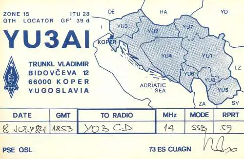 QSL Card Yugoslavia Amateur Radio Station YU3AI Y03CD