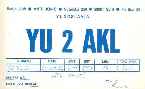 QSL Card Yugoslavia Amateur Radio Station YU2AKL Y03CD 1984