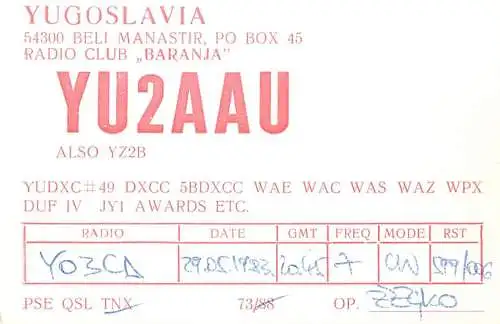 QSL Card Yugoslavia Amateur Radio Station YU2AAU Y03CD 1983 Zeliko