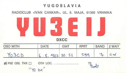 QSL Card Yugoslavia Amateur Radio Station YU3EIJ Y03CD 1983 Bob