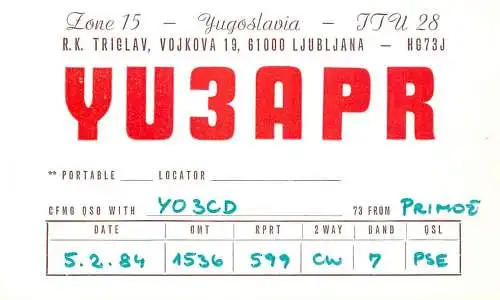 QSL Card Yugoslavia Amateur Radio Station YU3APR Y03CD 1984 Primoe