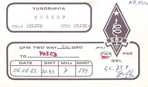 QSL Card Yugoslavia Amateur Radio Station YU2LCF Y03CD 1983 Zelika