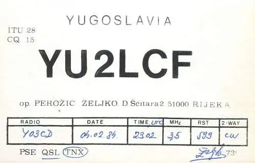 QSL Card Yugoslavia Amateur Radio Station YU2LCF Y03CD 1984 Zelika