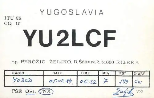 QSL Card Yugoslavia Amateur Radio Station YU2LCF Y03CD 1984 Zelika
