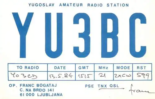 QSL Card Yugoslavia Amateur Radio Station YU3BC Y03CD 1983 Franc