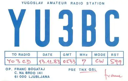 QSL Card Yugoslavia Amateur Radio Station YU3BC Y03CD 1983 Franc