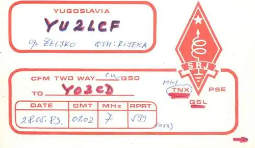 QSL Card Yugoslavia Amateur Radio Station YU2LCF Y03CD 1983 Zelikz
