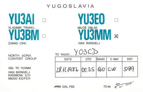 QSL Card Yugoslavia Amateur Radio Station YU3AI Y03CD 1987
