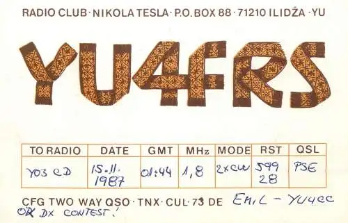 QSL Card Yugoslavia Amateur Radio Station YU4FRS Y03CD Emil