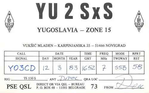 QSL Card Yugoslavia Amateur Radio Station YU2SxS Y03CD Den
