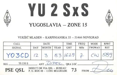 QSL Card Yugoslavia Amateur Radio Station YU2SxS Y03CD Dipol