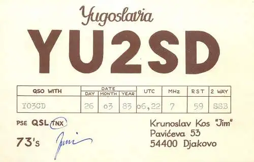 QSL Card Yugoslavia Amateur Radio Station YU2SD Y03CD Jimi
