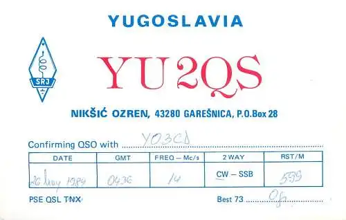 QSL Card Yugoslavia Amateur Radio Station YU2QS Y03CD Ogi