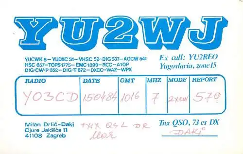 QSL Card Yugoslavia Amateur Radio Station YU2WJ Y03CD Daki