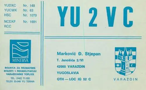 QSL Card Yugoslavia Amateur Radio Station YU2VC Y03CD